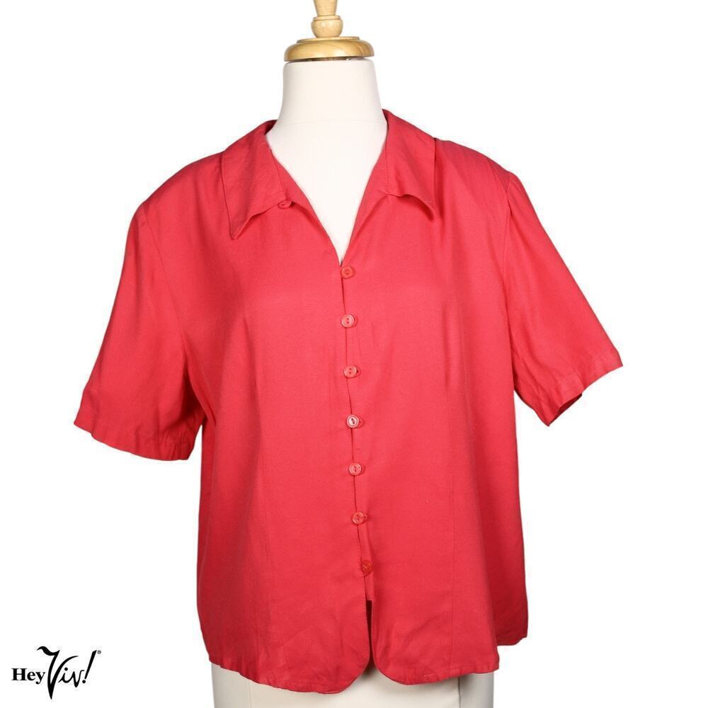 Vintage 80s Impressions Blouse Top Pink Rayon Padded Shoulders Size L - Hey Viv